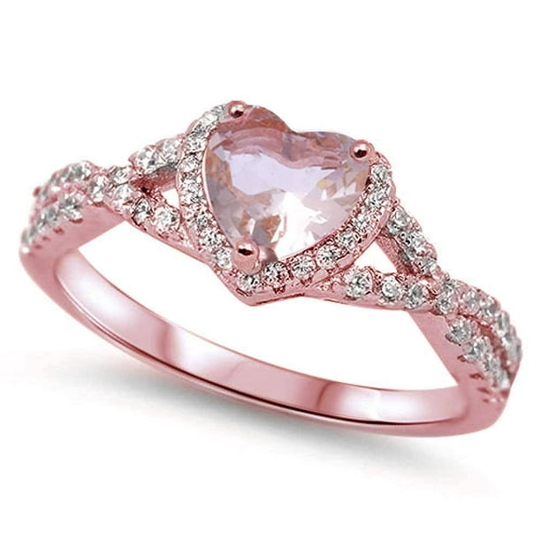 Heart Ring Genuine Sterling Silver 925 Morganite Clear CZ Height 9 mm Size 10 